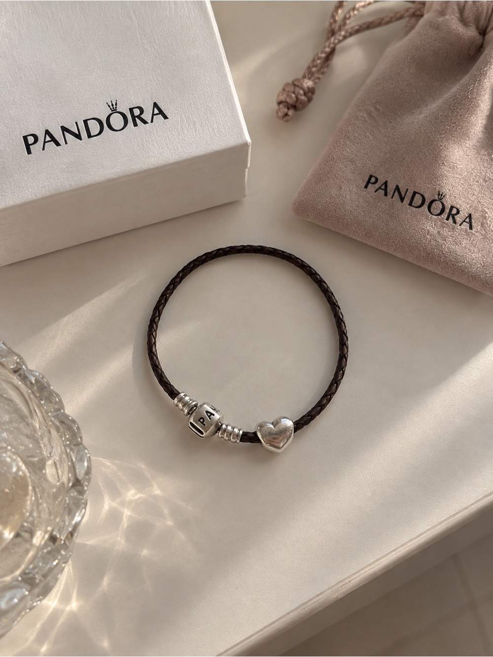 Vintage Pandora Brown Braided Leather Heart Charm Bracelet
